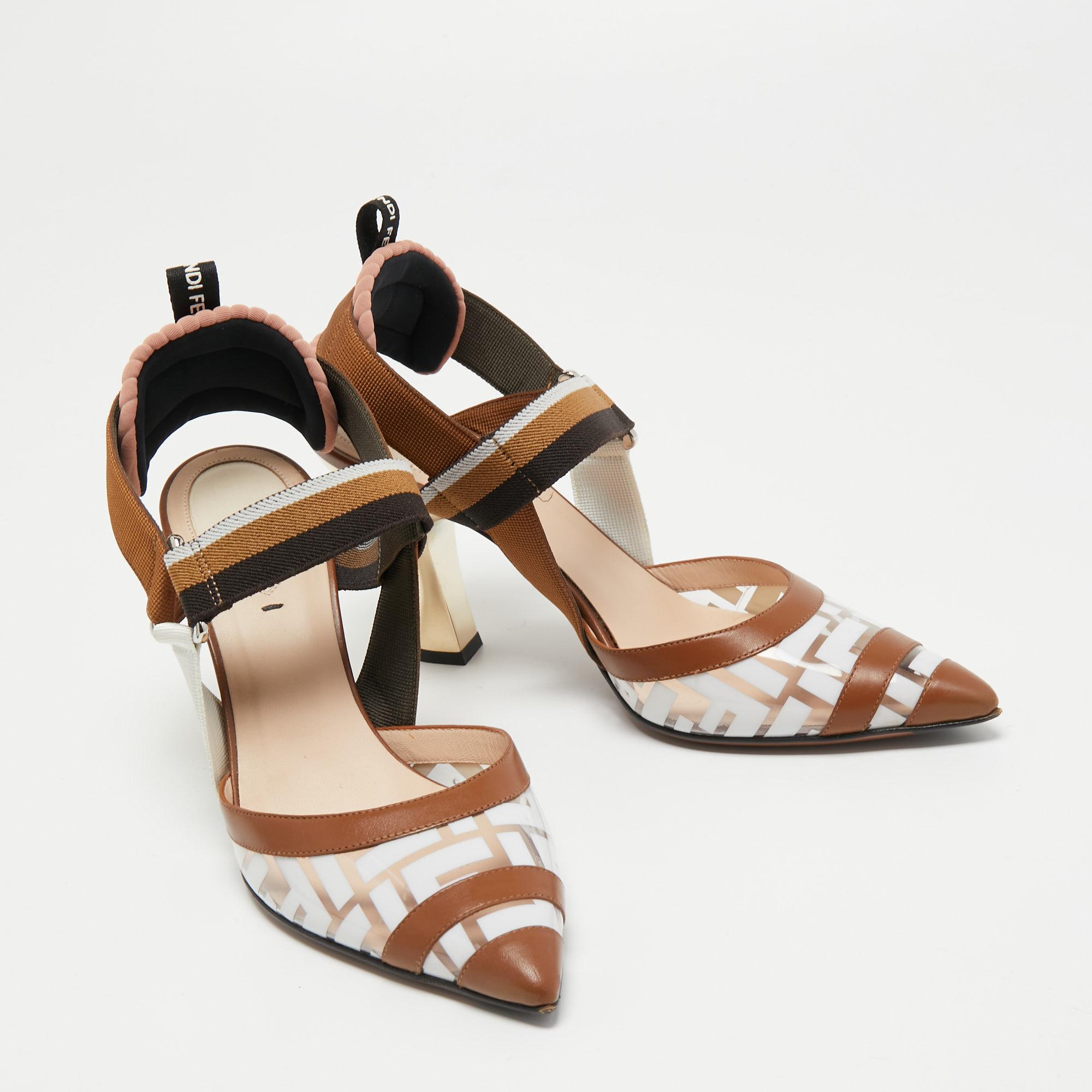 Women's Fendi Brown/White PVC and Leather Colibri Slingback Pumps Size 38