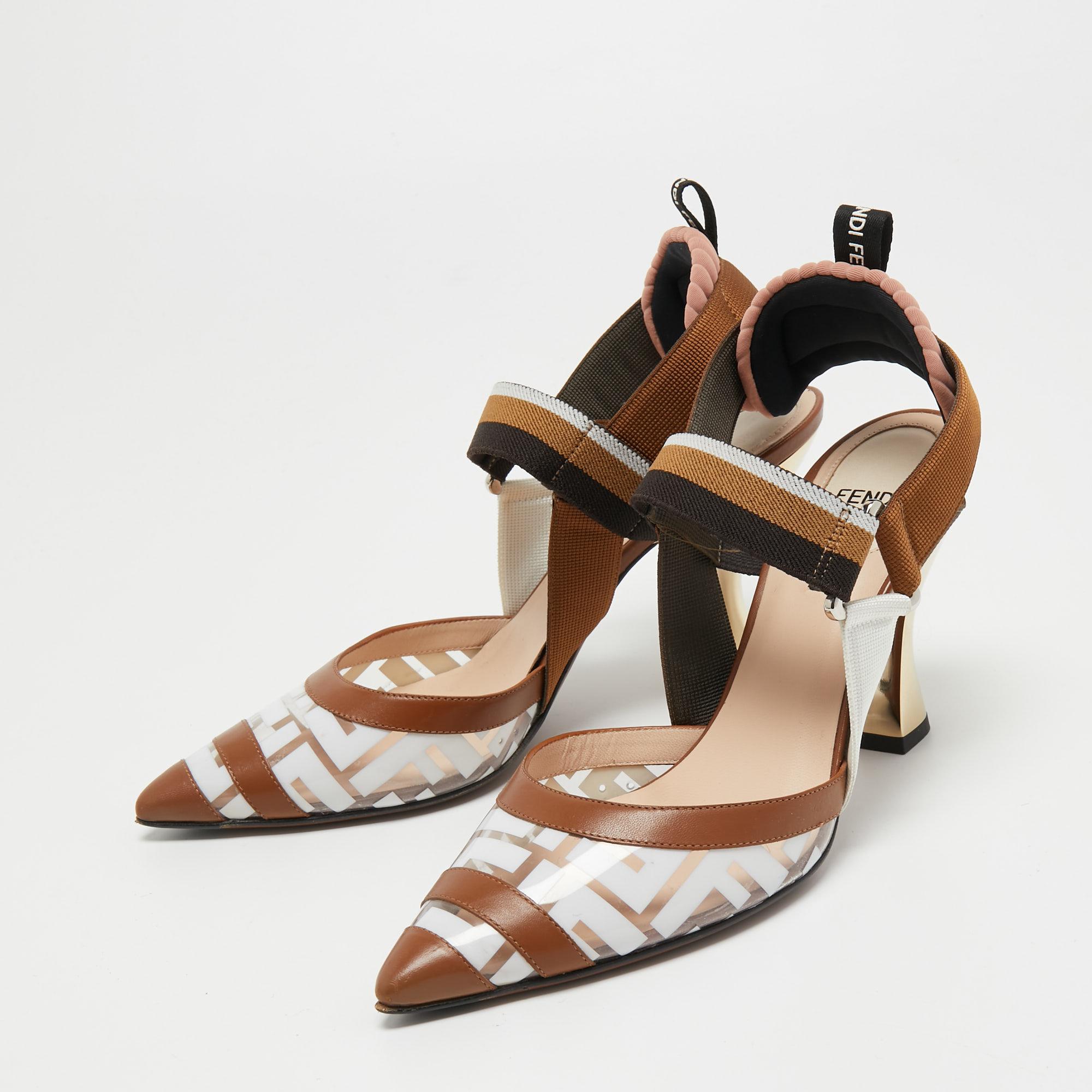 Fendi Brown/White PVC and Leather Colibri Slingback Pumps Size 38 1
