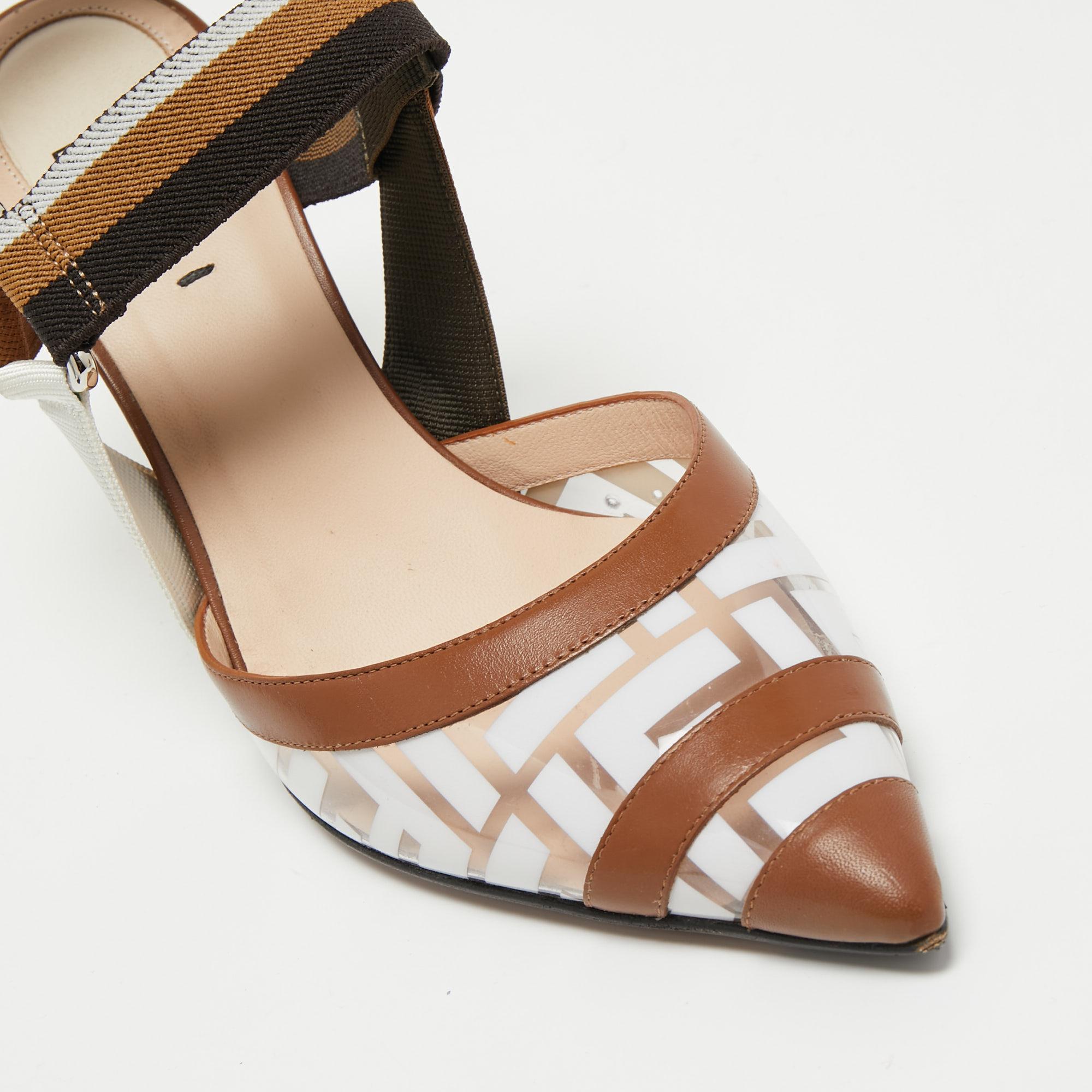 Fendi Brown/White PVC and Leather Colibri Slingback Pumps Size 38 2