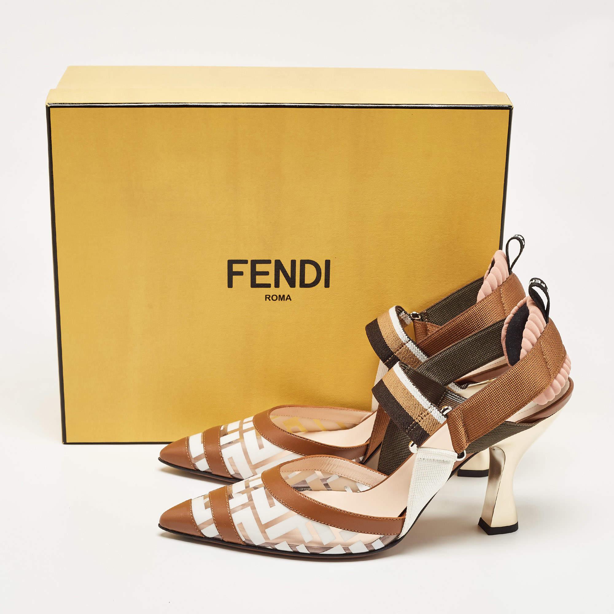 Fendi Brown/White PVC and Leather Colibri Slingback Pumps Size 40 5