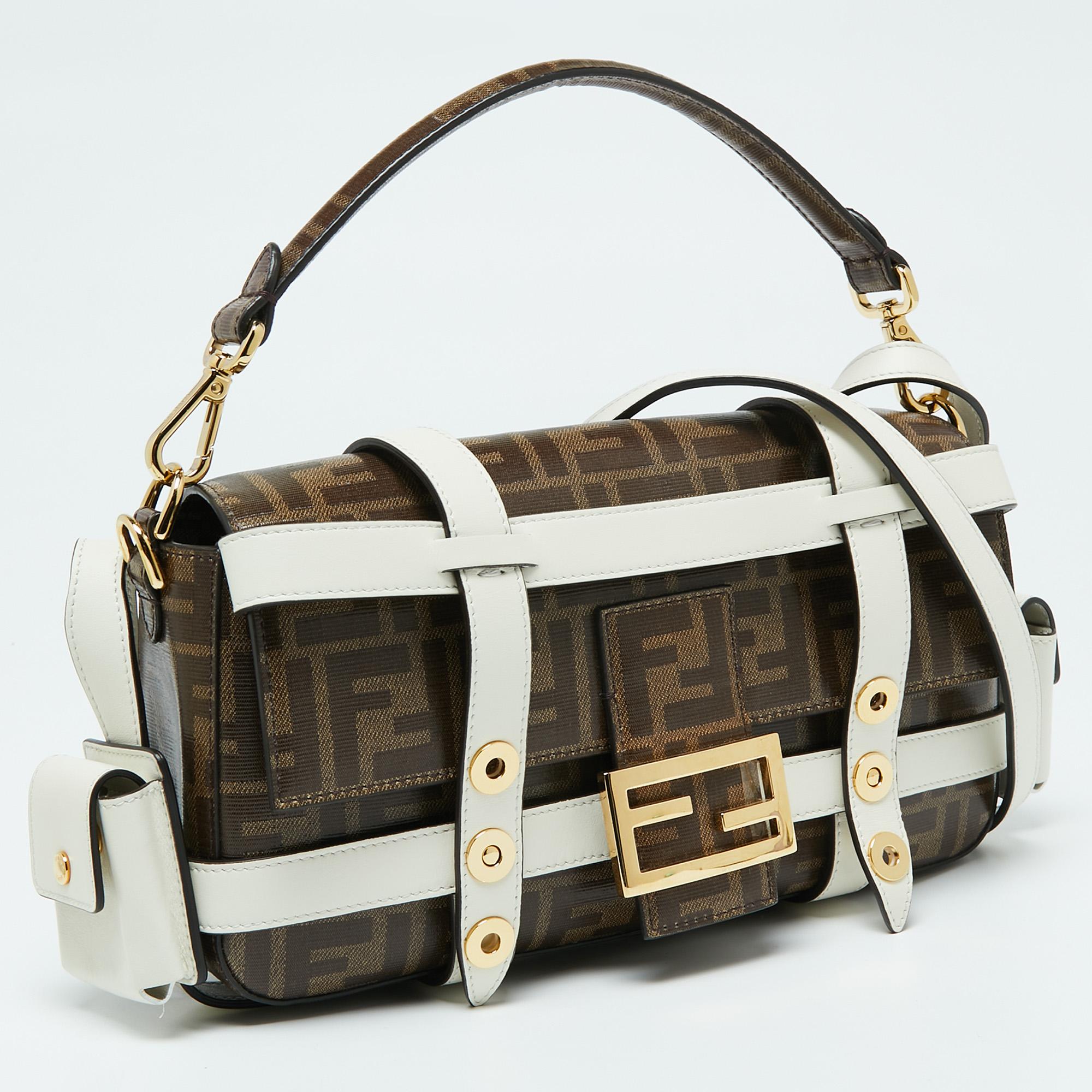 Fendi Brown/White Zucca Coated Canvas And Leather Caged Baguette Bag In Good Condition In Dubai, Al Qouz 2