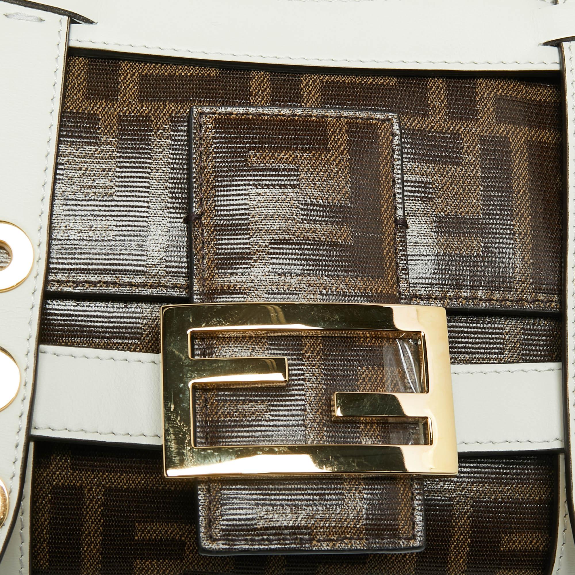 Fendi Brown/White Zucca Coated Canvas And Leather Caged Baguette Bag 3