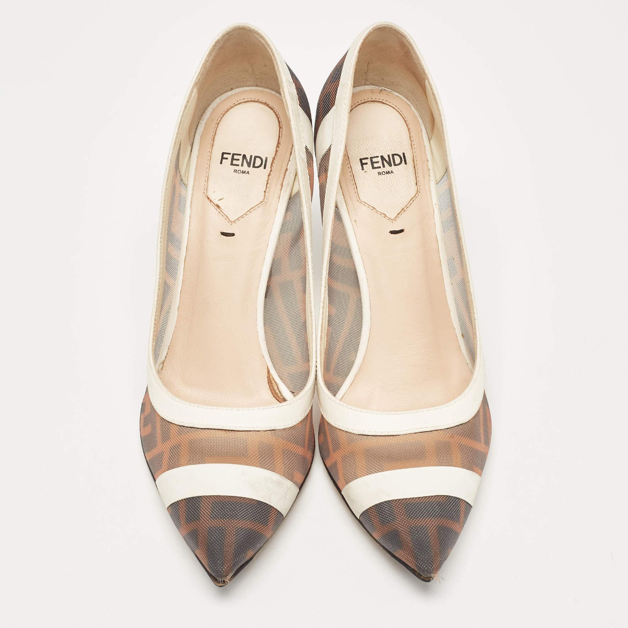 Beige Fendi Brown/White Zucca Mesh and Leather Colibri Pumps Size 35