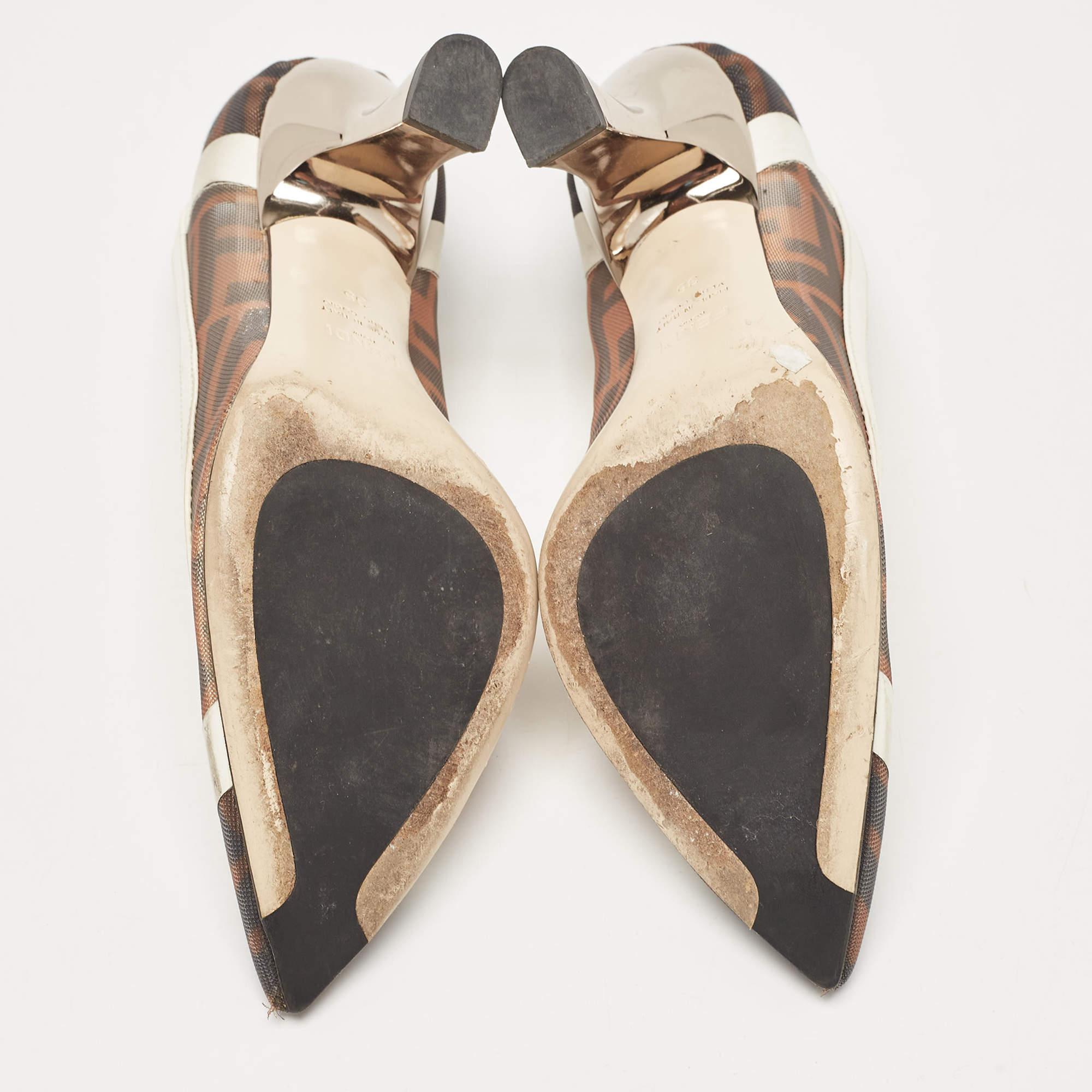 Fendi Brown/White Zucca Mesh and Leather Colibri Pumps Size 35 1