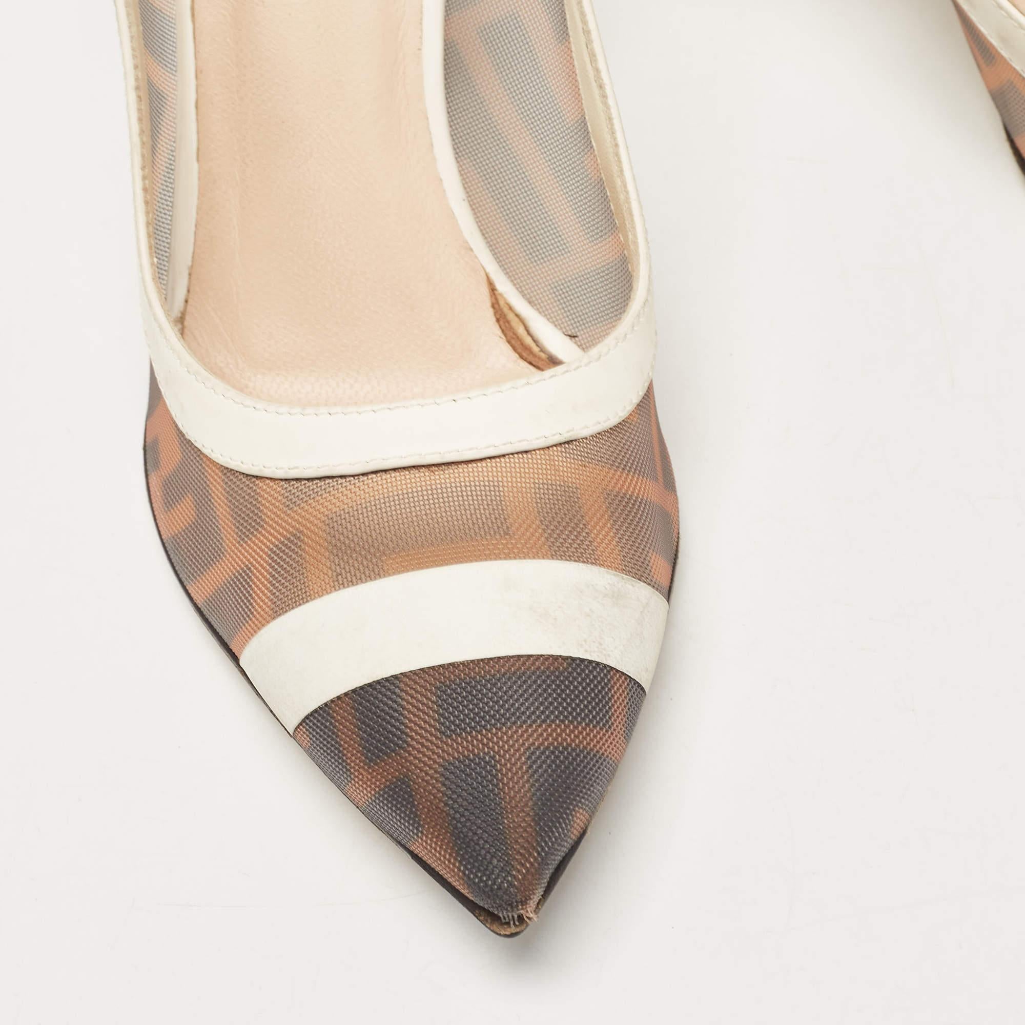Fendi Brown/White Zucca Mesh and Leather Colibri Pumps Size 35 2