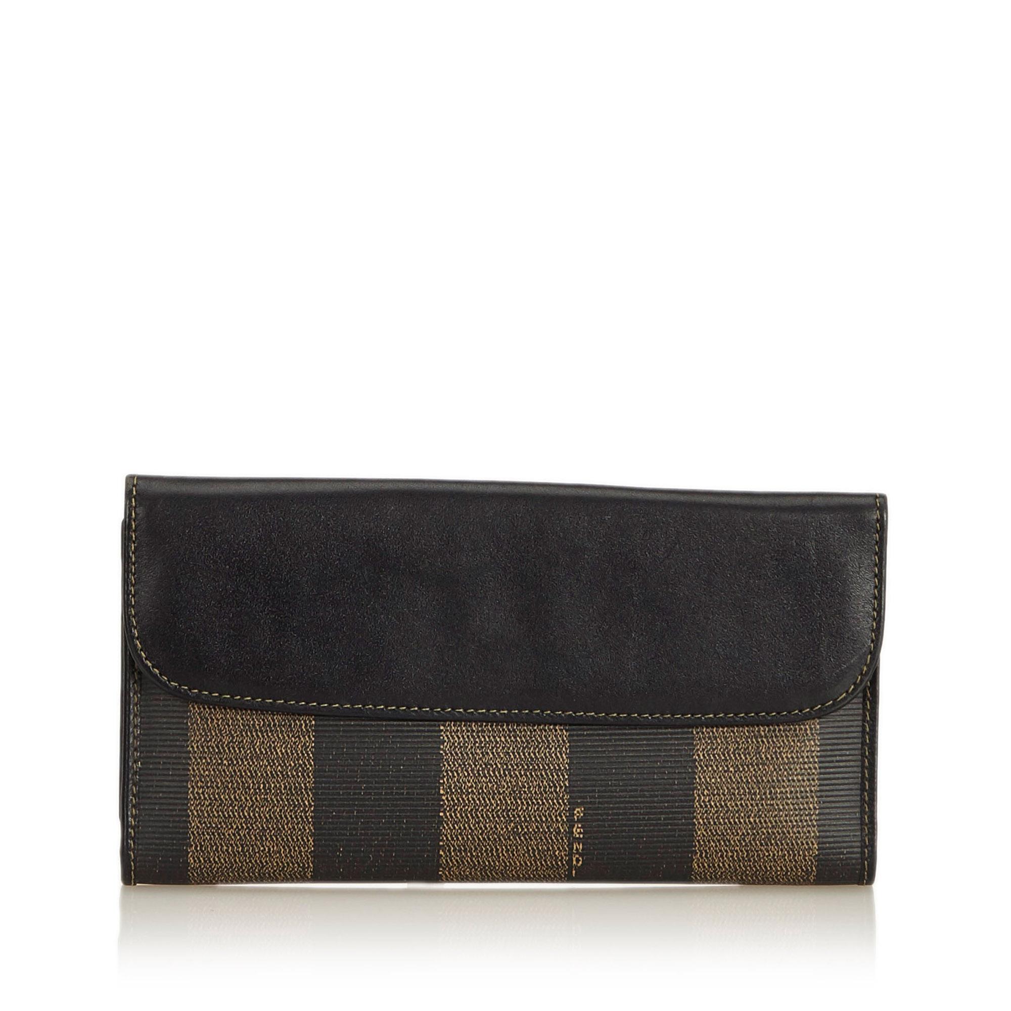 Fendi Brown  with Black PVC Plastic Pequin Long Wallet Italy w/ Box In Good Condition In Orlando, FL