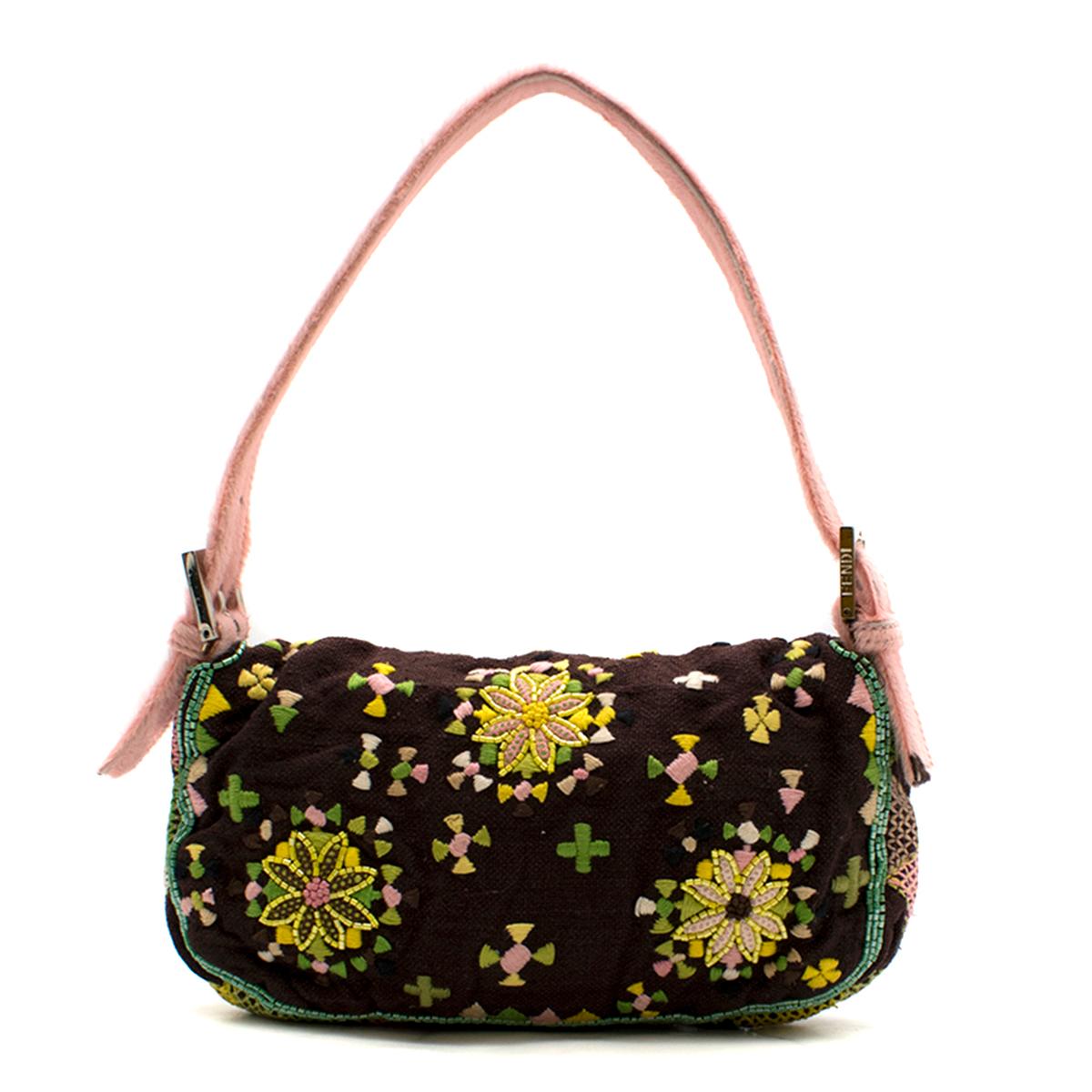 Fendi Brown & Yellow Floral Embroidered Baguette Bag

-Brown, Canvas
-Beaded floral embroidering 
-Beaded green lining 
-Fur push button closure 
-Satin interior lining
-Fur zip internal pocket
-Fur handle with adjustable strap

Please note, these