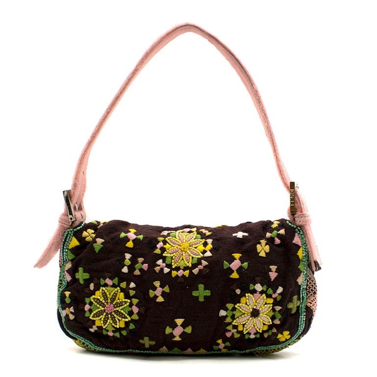 Fendi Brown and Yellow Floral Embroidered Baguette Bag at 1stDibs ...