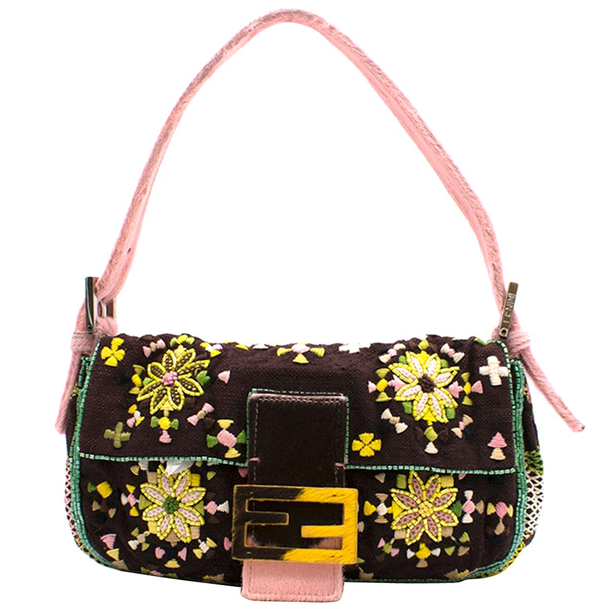 Fendi Brown & Yellow Floral Embroidered Baguette Bag	