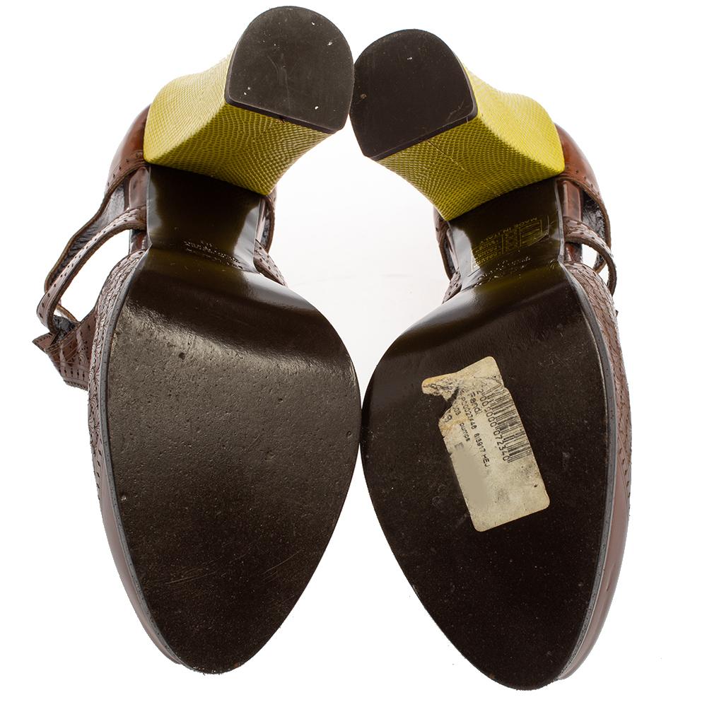 Black Fendi Brown/Yellow Leather Brogue Pumps Size 38