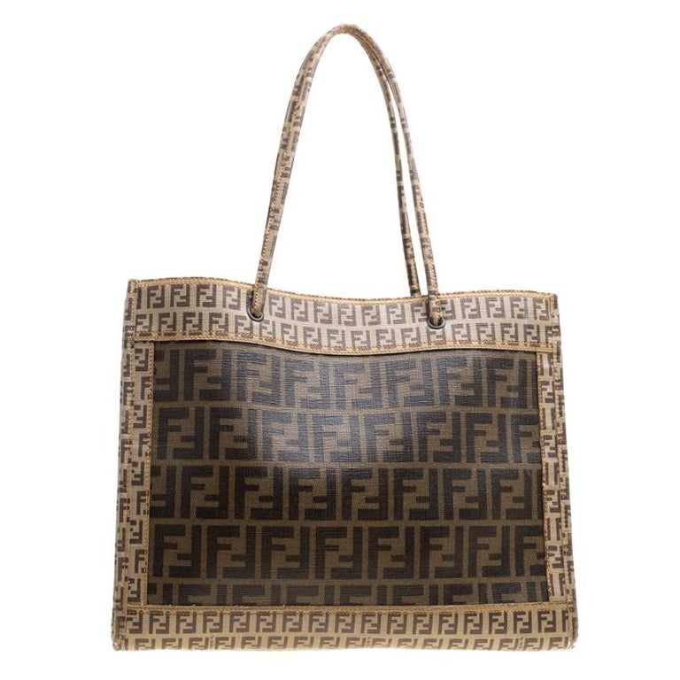 Fendi Brown Zucca and Zucchino Coated Canvas Square Tote For Sale at ...