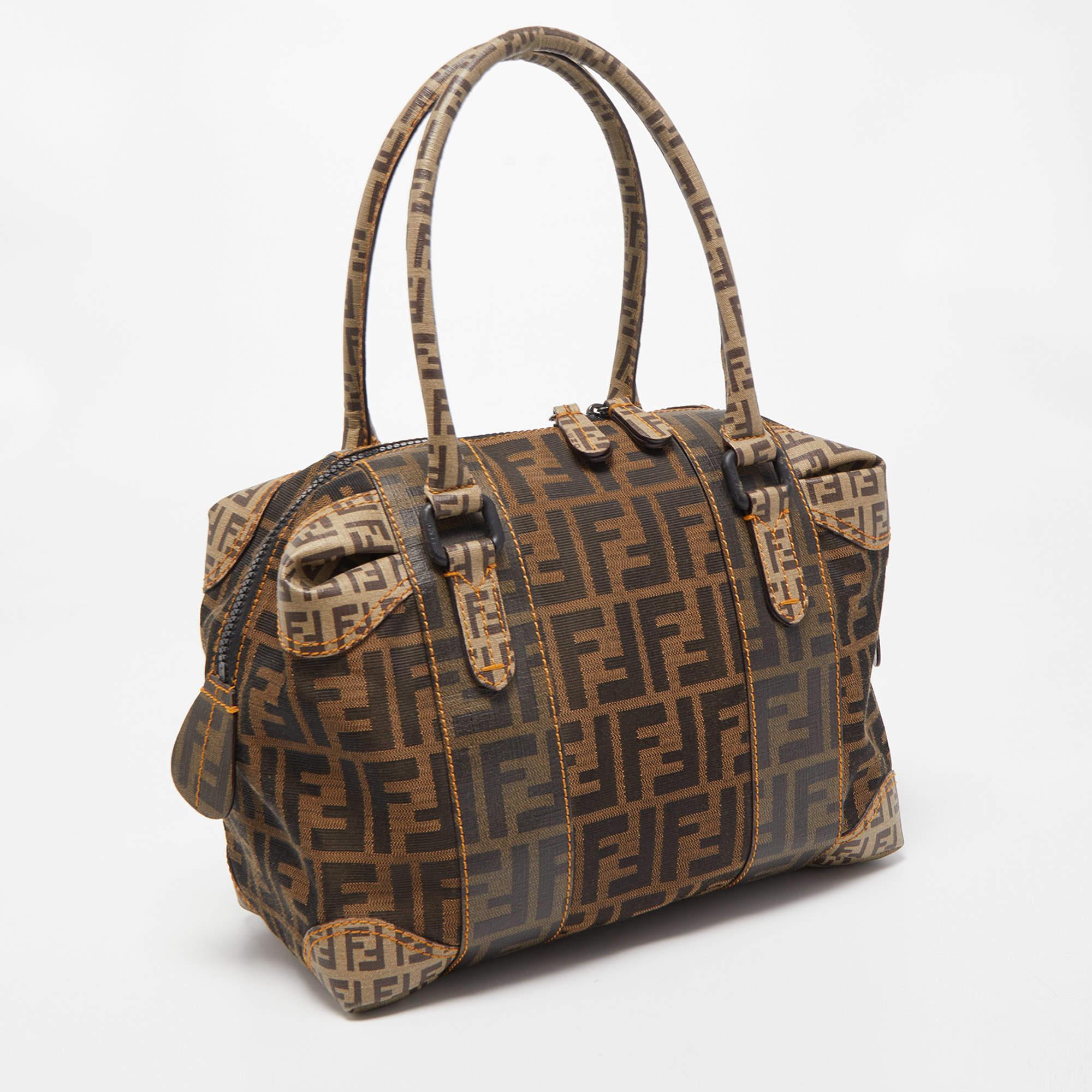 Fendi Brown Zucca Canvas and Coated Canvas Boston Bag 1