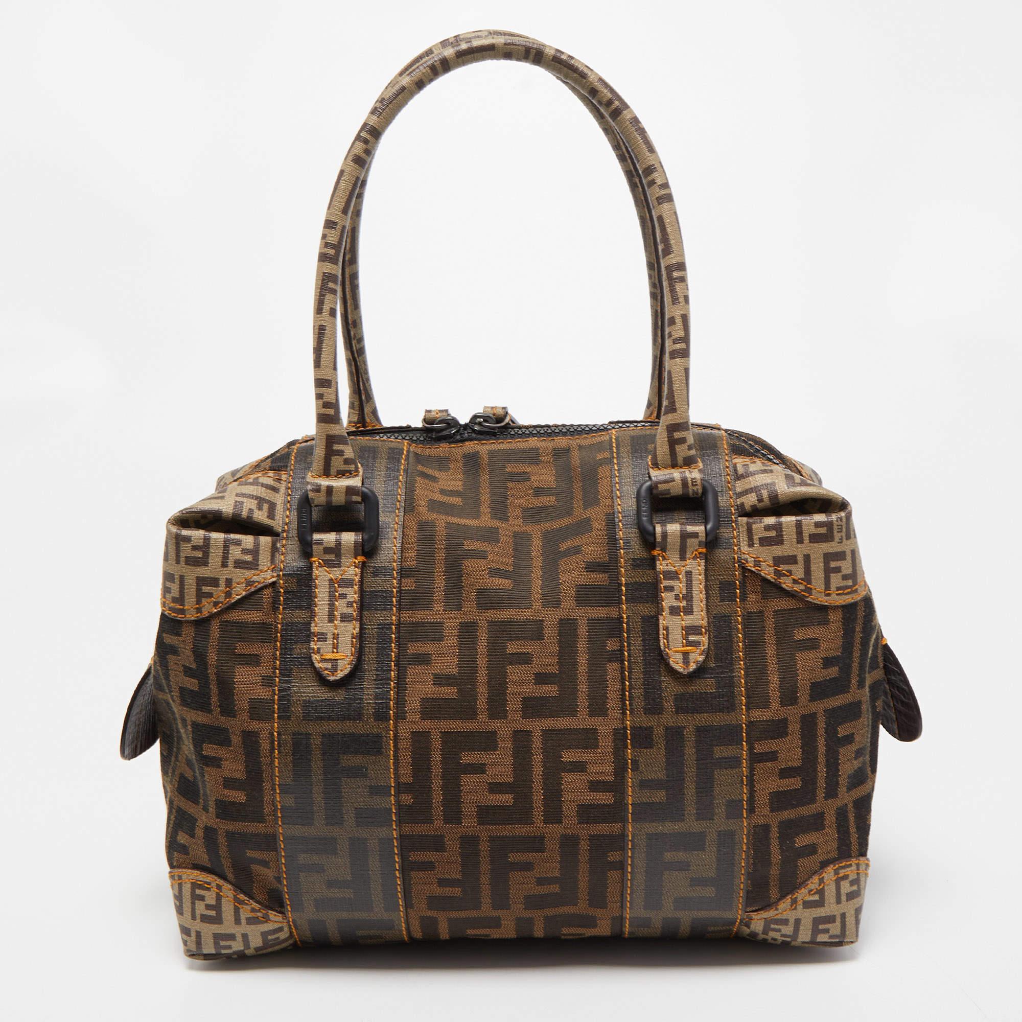 Fendi Brown Zucca Canvas and Coated Canvas Boston Bag 2