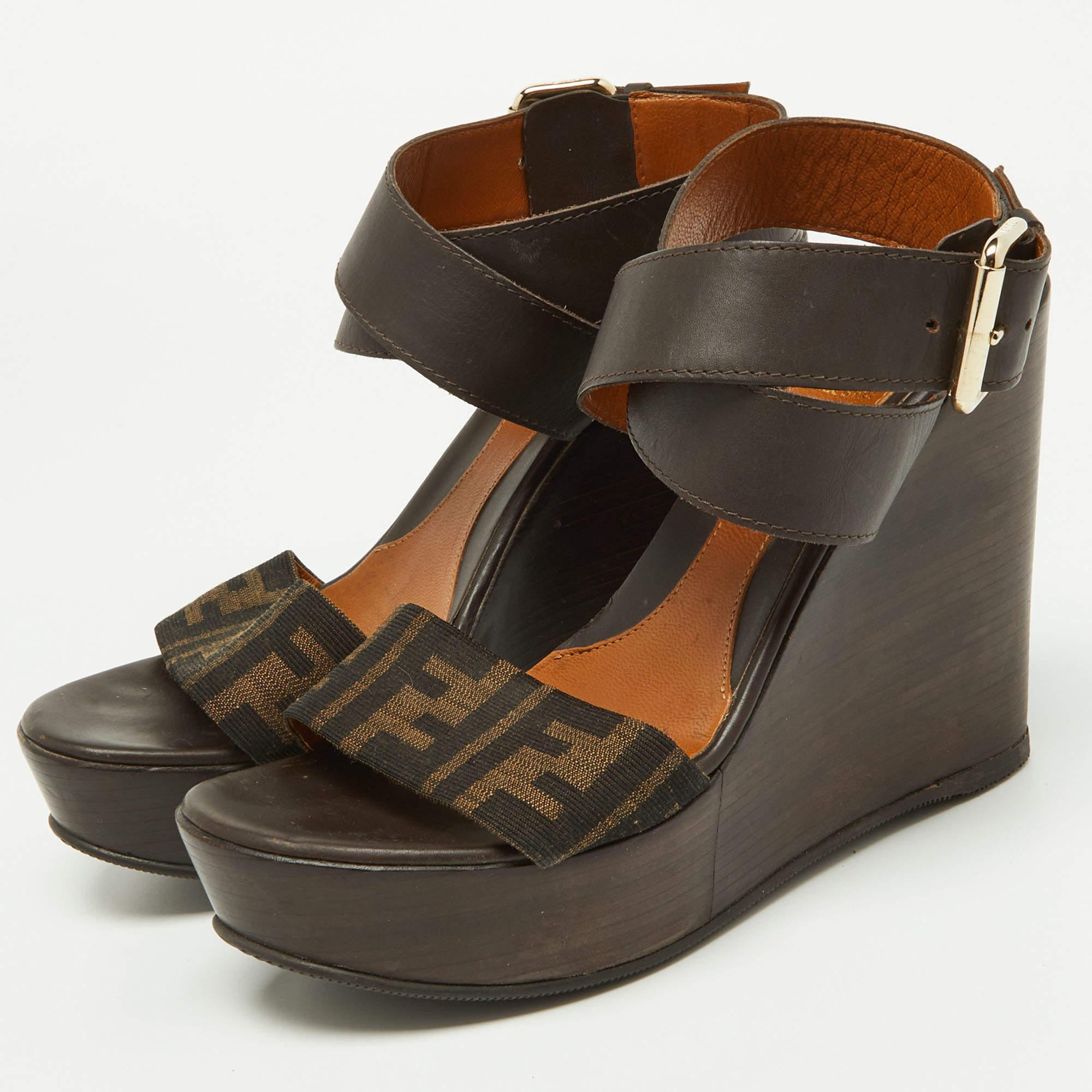 Fendi Brown Zucca Canvas and Leather Ankle Strap Wedge Sandals Size 38 In Good Condition In Dubai, Al Qouz 2