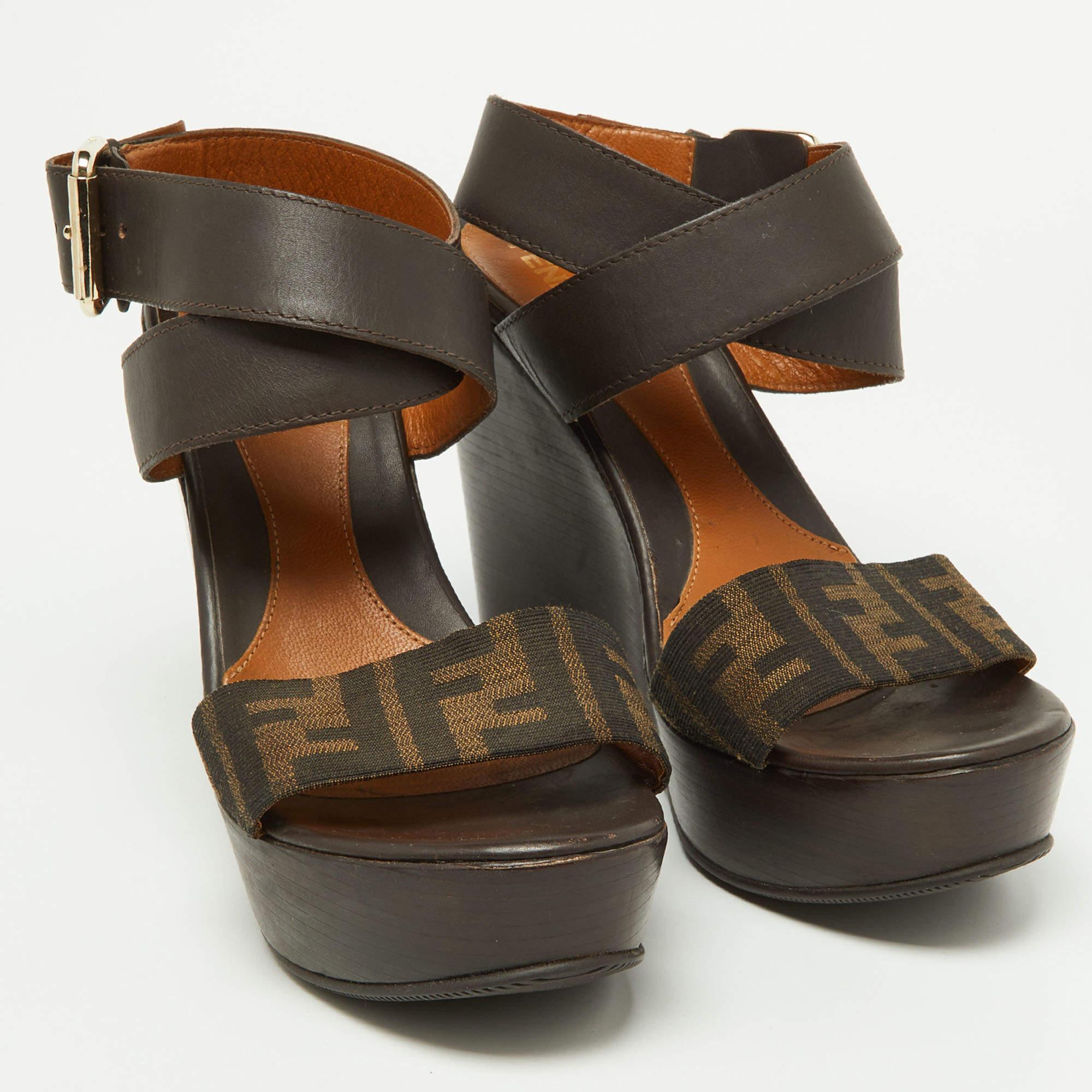 Women's Fendi Brown Zucca Canvas and Leather Ankle Strap Wedge Sandals Size 38