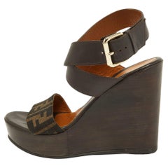 Fendi Brown Zucca Canvas and Leather Ankle Strap Wedge Sandals Size 38