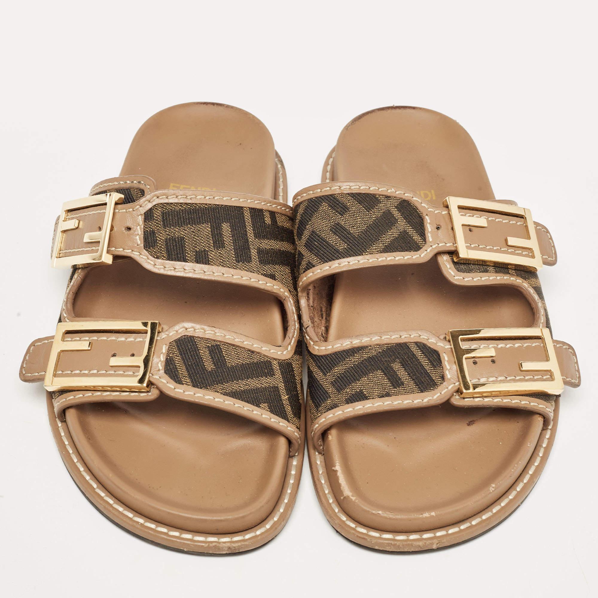 Fendi Brown Zucca Canvas and Leather FF Buckle Slides Size 36 For Sale 1