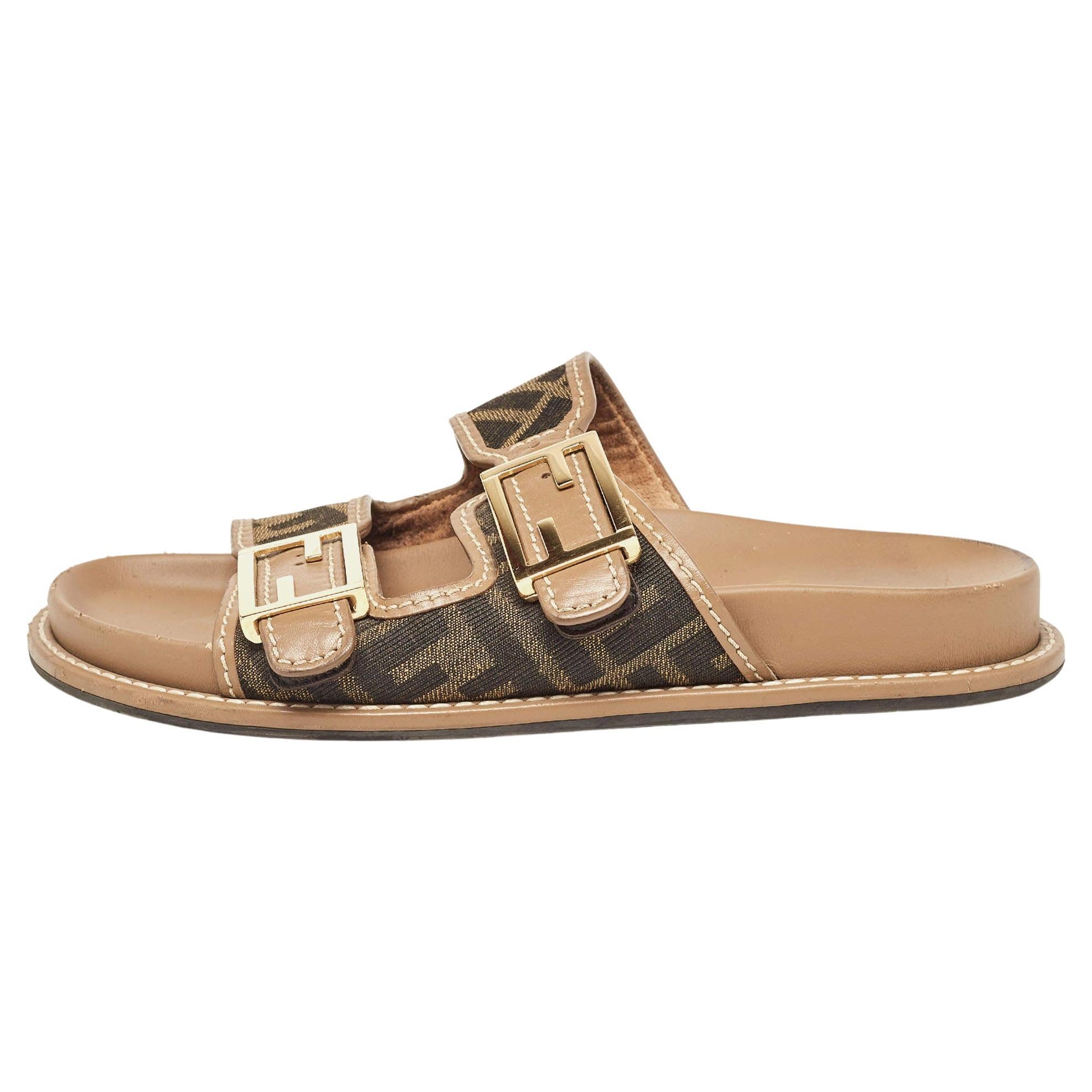 Fendi Brown Zucca Canvas and Leather FF Buckle Slides Size 36 For Sale