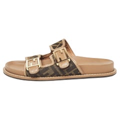 Fendi Brown Zucca Canvas and Leather FF Buckle Slides Size 36