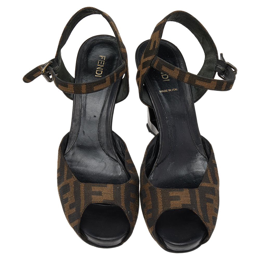 Black Fendi Brown Zucca Canvas Ankle Strap Wedge Sandals Size 39