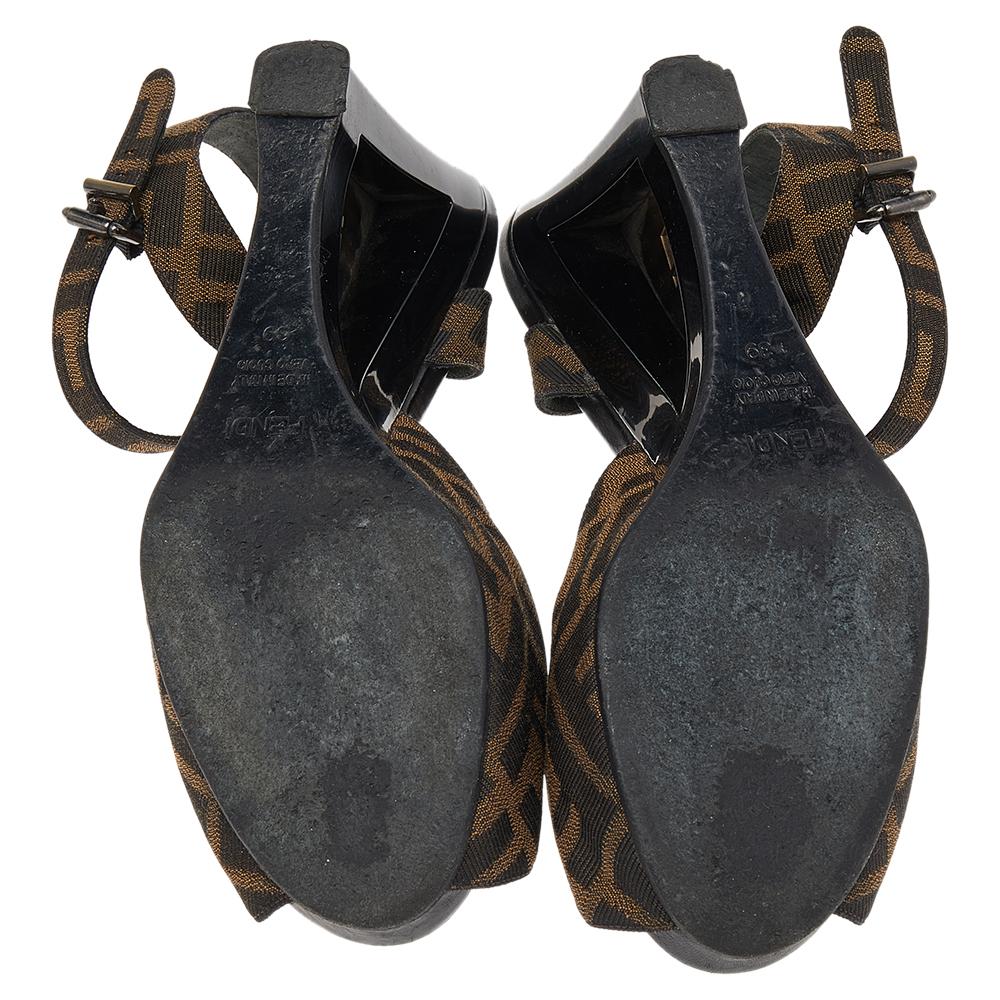 Women's Fendi Brown Zucca Canvas Ankle Strap Wedge Sandals Size 39