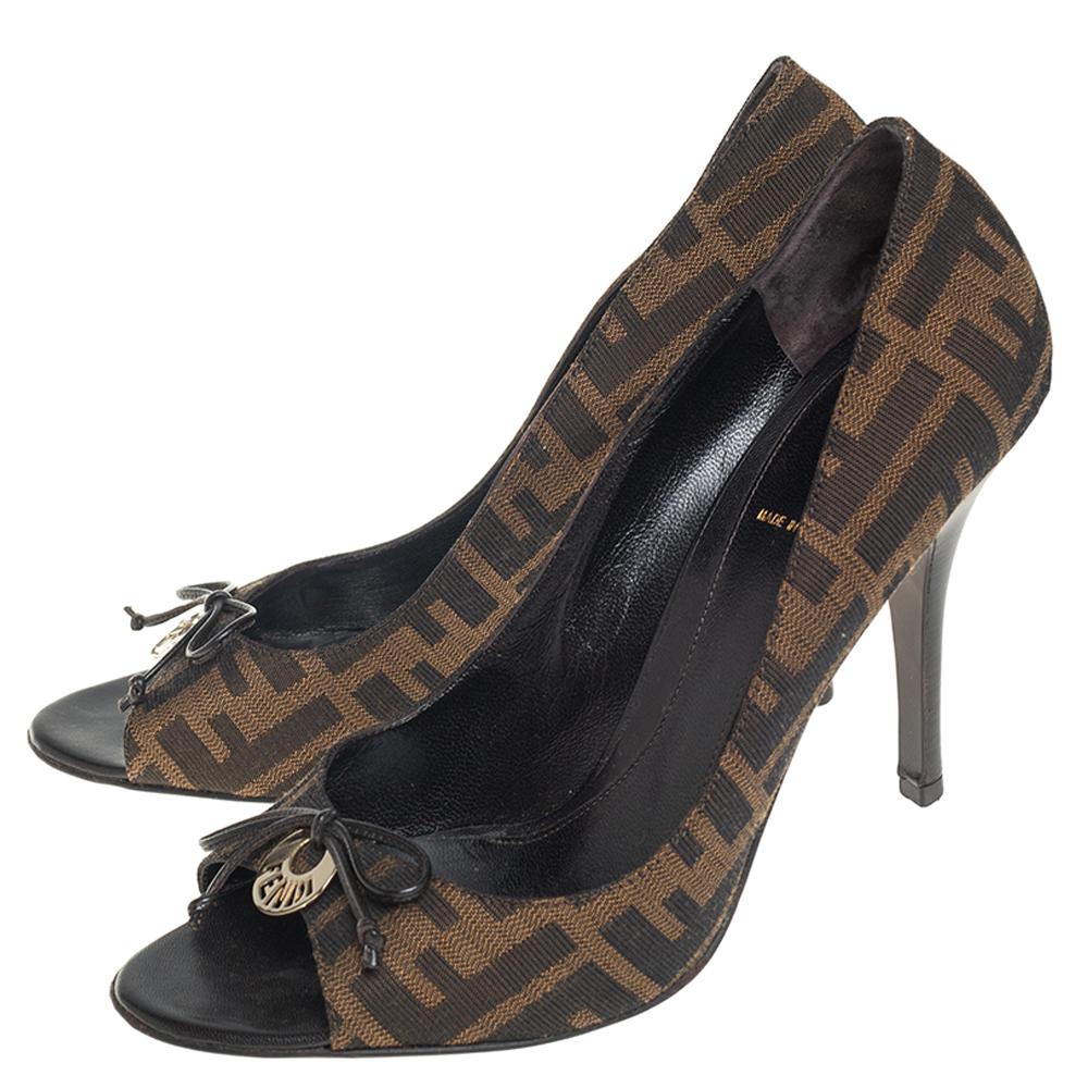 Fendi Brown Zucca Canvas Bow Peep Toe Pumps Size 39 2