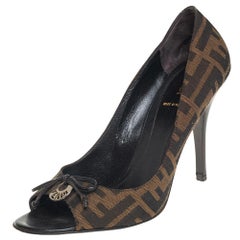 Fendi Brown Zucca Canvas Bow Peep Toe Pumps Size 39