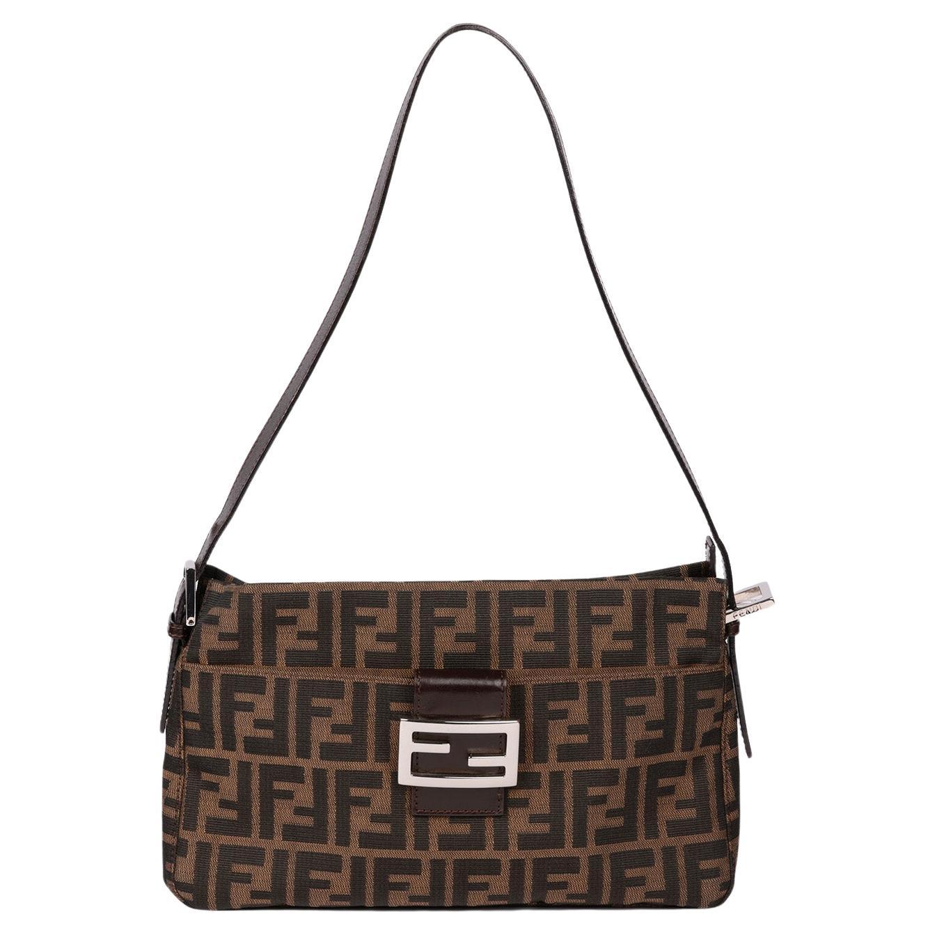 Fendi Brown Zucca Canvas & Calfskin Leather Vintage Baguette Shoulder Bag For Sale