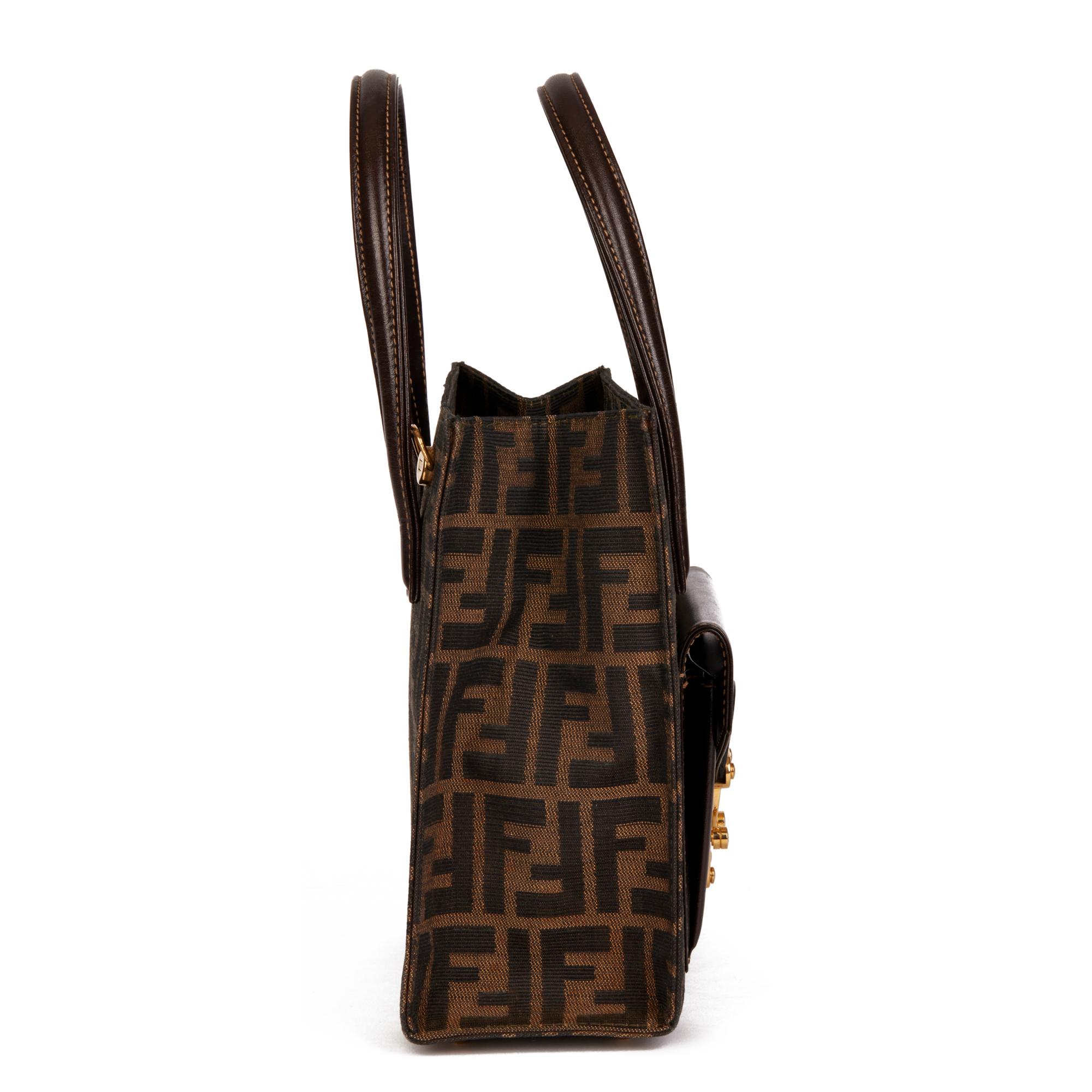 Bolso Vintage FENDI Marrón Lona Zucca y Piel de Becerro Negro