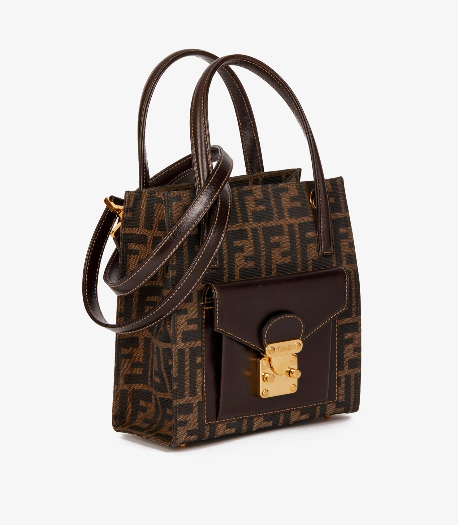 Black Fendi Brown Zucca Canvas & Calfskin Leather Vintage Shoulder Tote