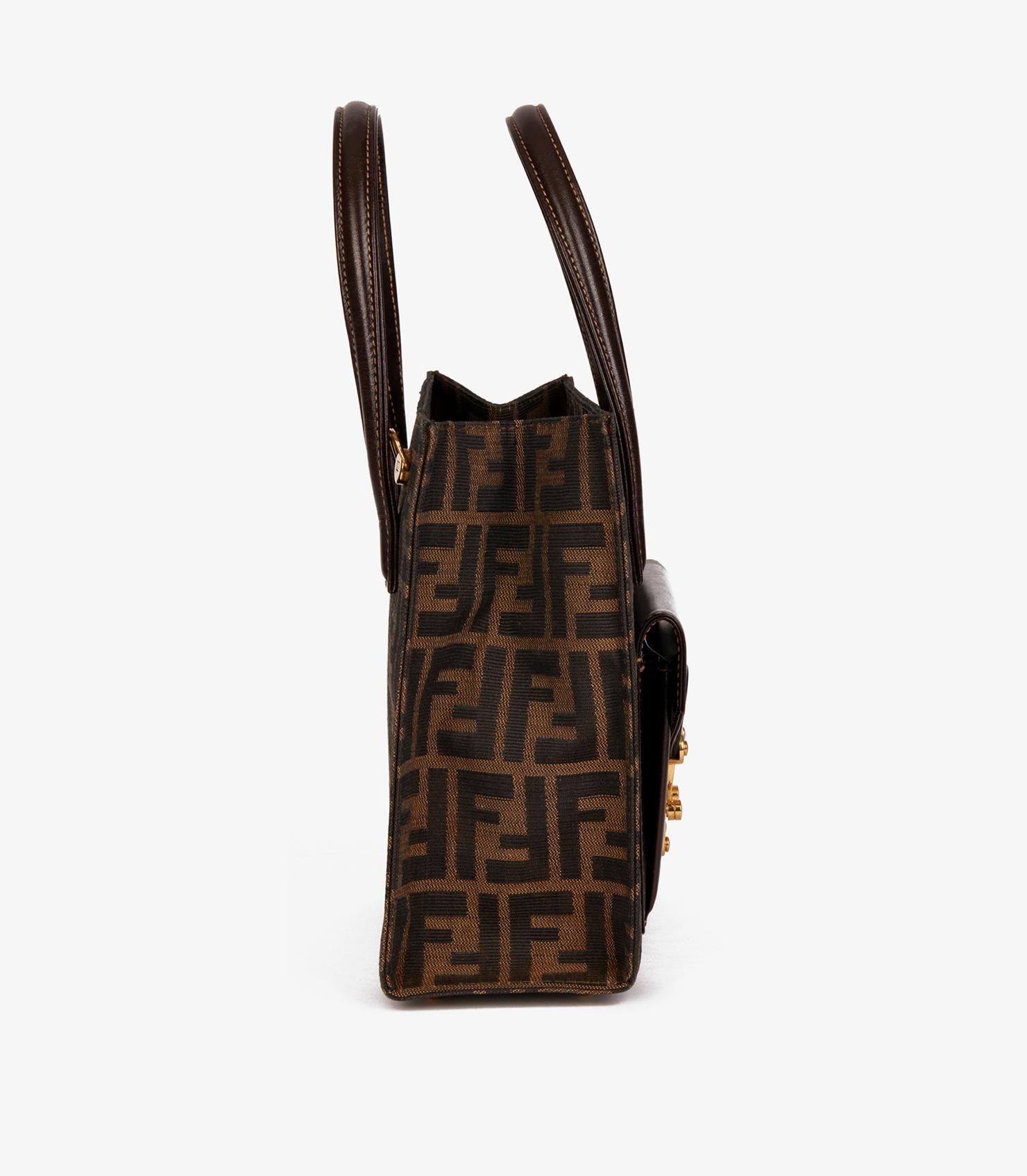 Fendi Brown Zucca Canvas & Calfskin Leather Vintage Shoulder Tote In Excellent Condition In Bishop's Stortford, Hertfordshire
