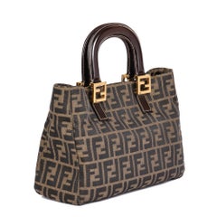 FENDI Brown Zucca Canvas & Calfskin Leather Vintage Small Tote