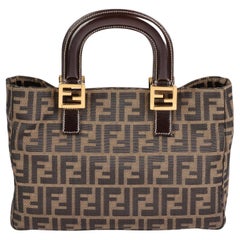 FENDI Brown Zucca Canvas & Calfskin Leather Vintage Small Tote