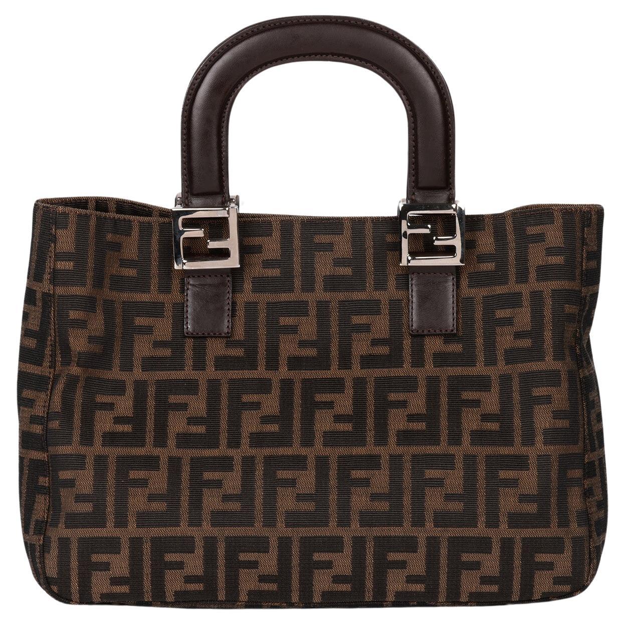 Fendi Brown Zucca Canvas & Calfskin Leather Vintage Small Tote For Sale