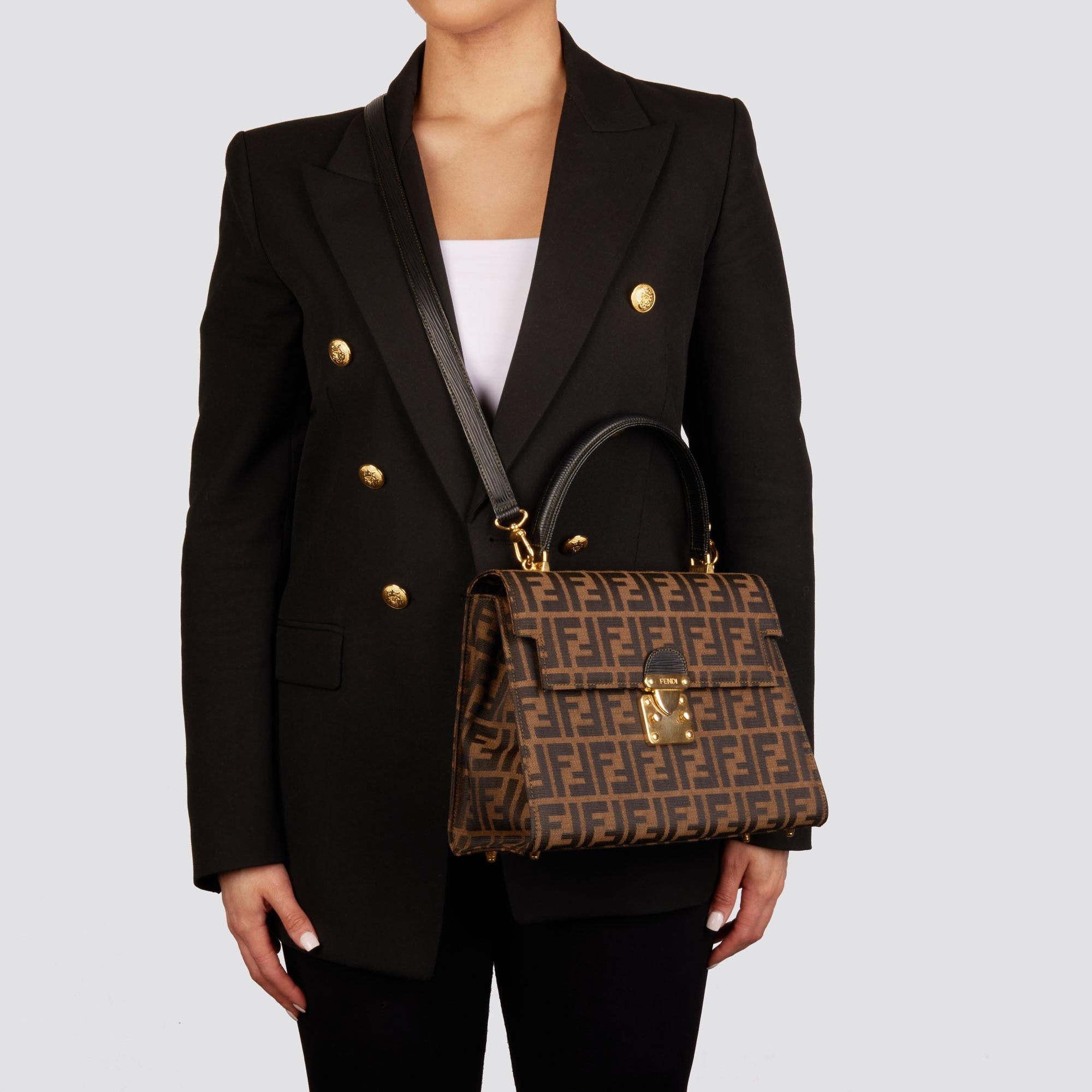 FENDI Brown Zucca Canvas & Calfskin Leather Vintage Top Handle Shoulder Bag 4