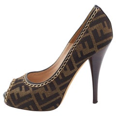 Fendi Brown Zucca Canvas Chain Embellished Peep Toe Pumps Size 37