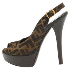 Fendi Brown Zucca Canvas Fendista Peep Toe Slingback Pumps Größe 36