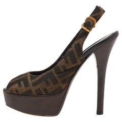 Fendi Brown Zucca Canvas Fendista Peep Toe Slingback Pumps Größe 36