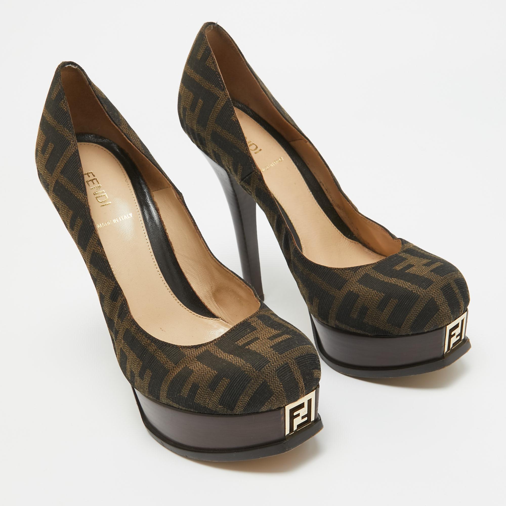 Women's Fendi Brown Zucca Canvas Fendista Platform Pumps Size 39