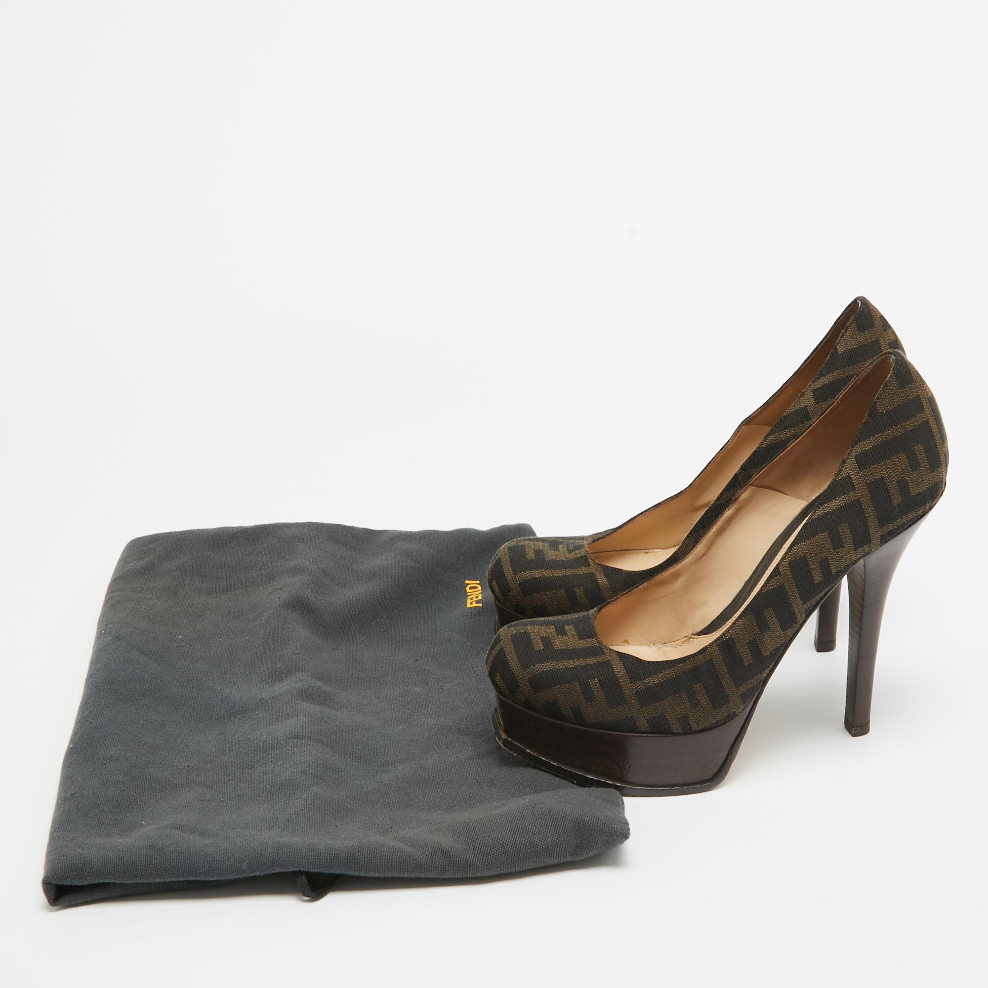 Fendi Brown Zucca Canvas Fendista Platform Pumps Size 39 5