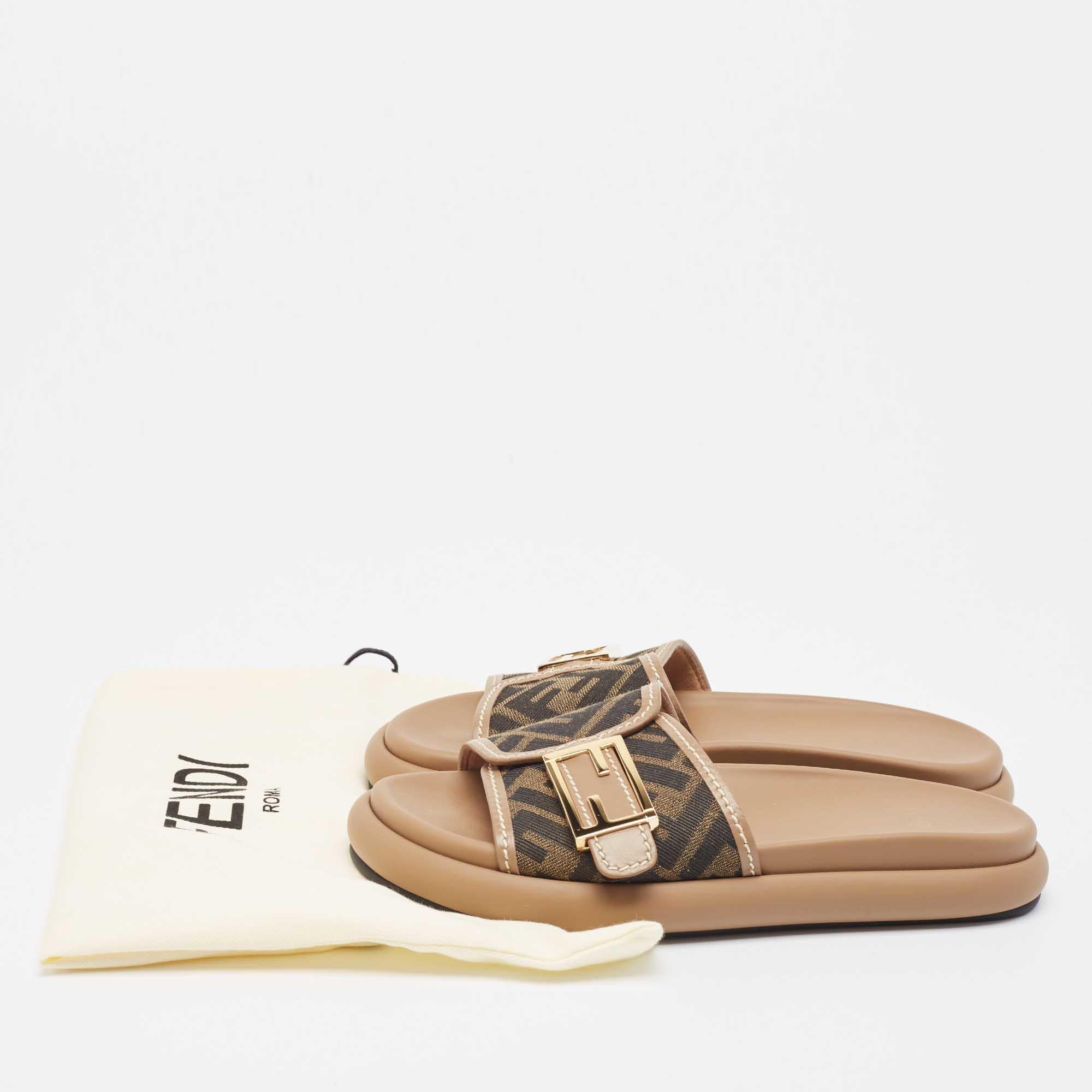 Fendi Brown Zucca Canvas FF Buckle Slides Size 36 5