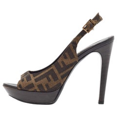 Fendi Brown Zucca Canvas Open Toe Platform Slingback Sandals Size 37.5