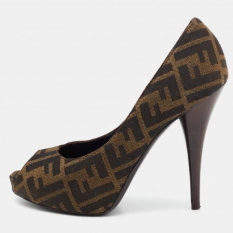 Fendi Marrón Zucca Canvas Peep Toe Pumps Talla 39 en venta 4