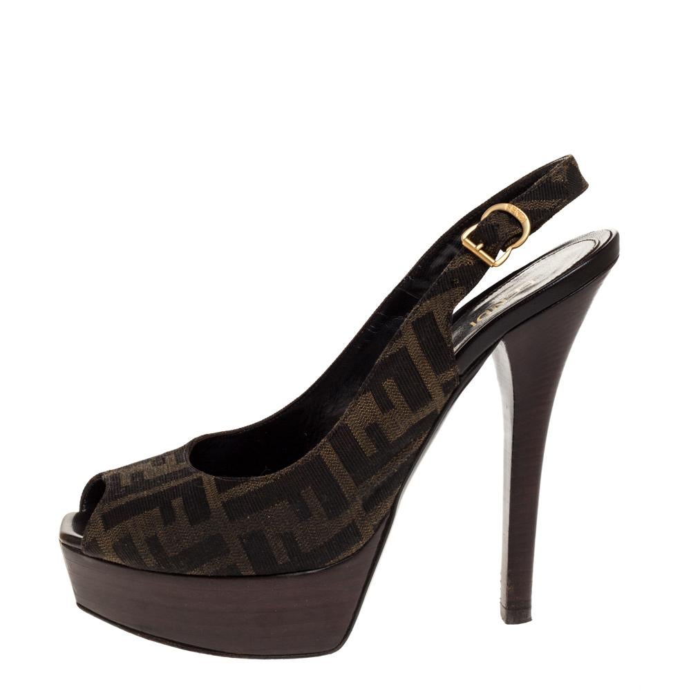 Black Fendi Brown Zucca Canvas Platform Peep Toe Ankle Strap Sandals Size 39