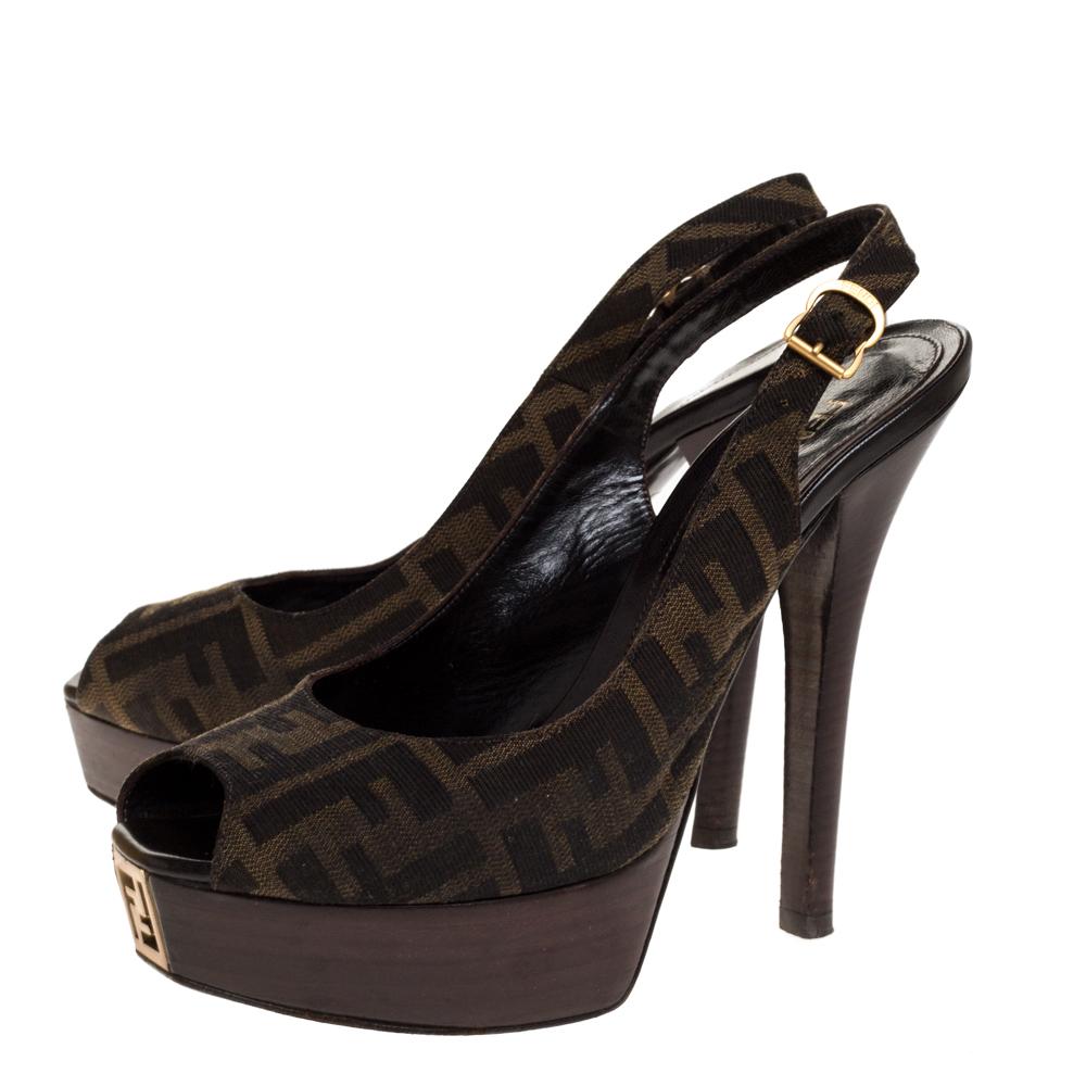 Fendi Brown Zucca Canvas Platform Peep Toe Ankle Strap Sandals Size 39 1
