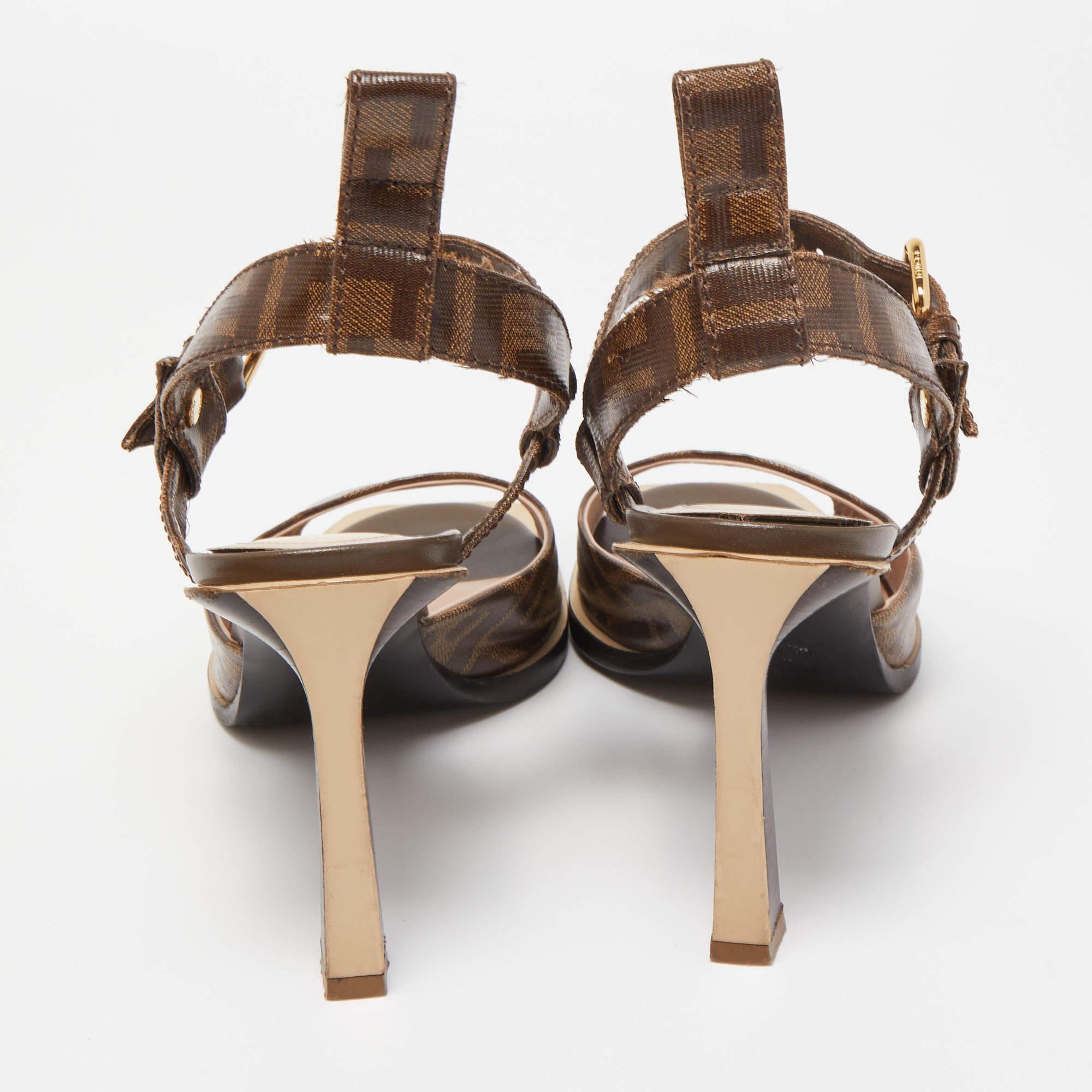 Fendi Brown Zucca Coated Canvas Ankle Strap Sandals  In Good Condition In Dubai, Al Qouz 2