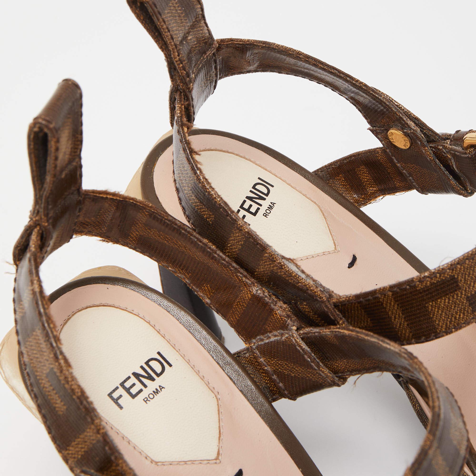 Women's Fendi Brown Zucca Coated Canvas Ankle Strap Sandals 