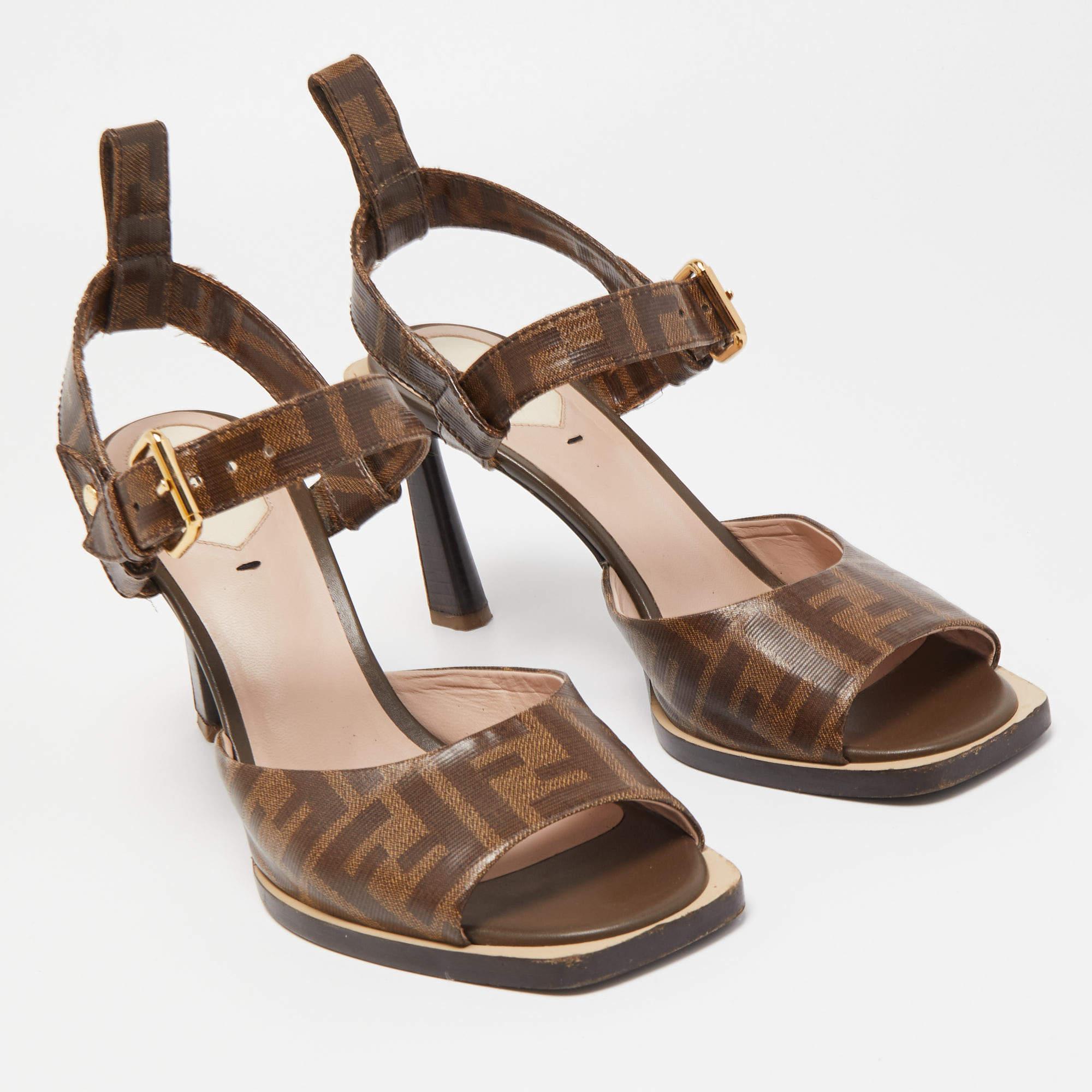 Fendi Brown Zucca Coated Canvas Ankle Strap Sandals  1