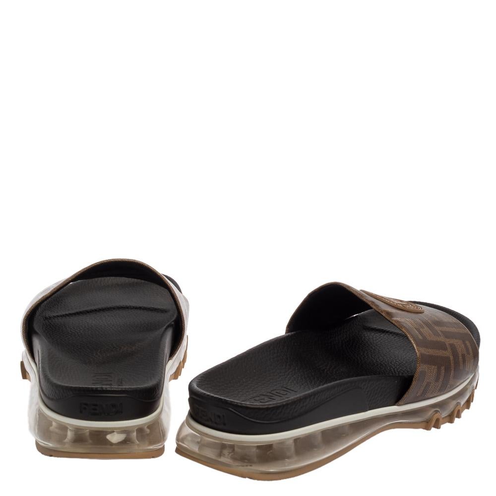 Fendi Brown Zucca Coated Canvas Embellished Flat Slide Sandals Size 43 In Good Condition In Dubai, Al Qouz 2