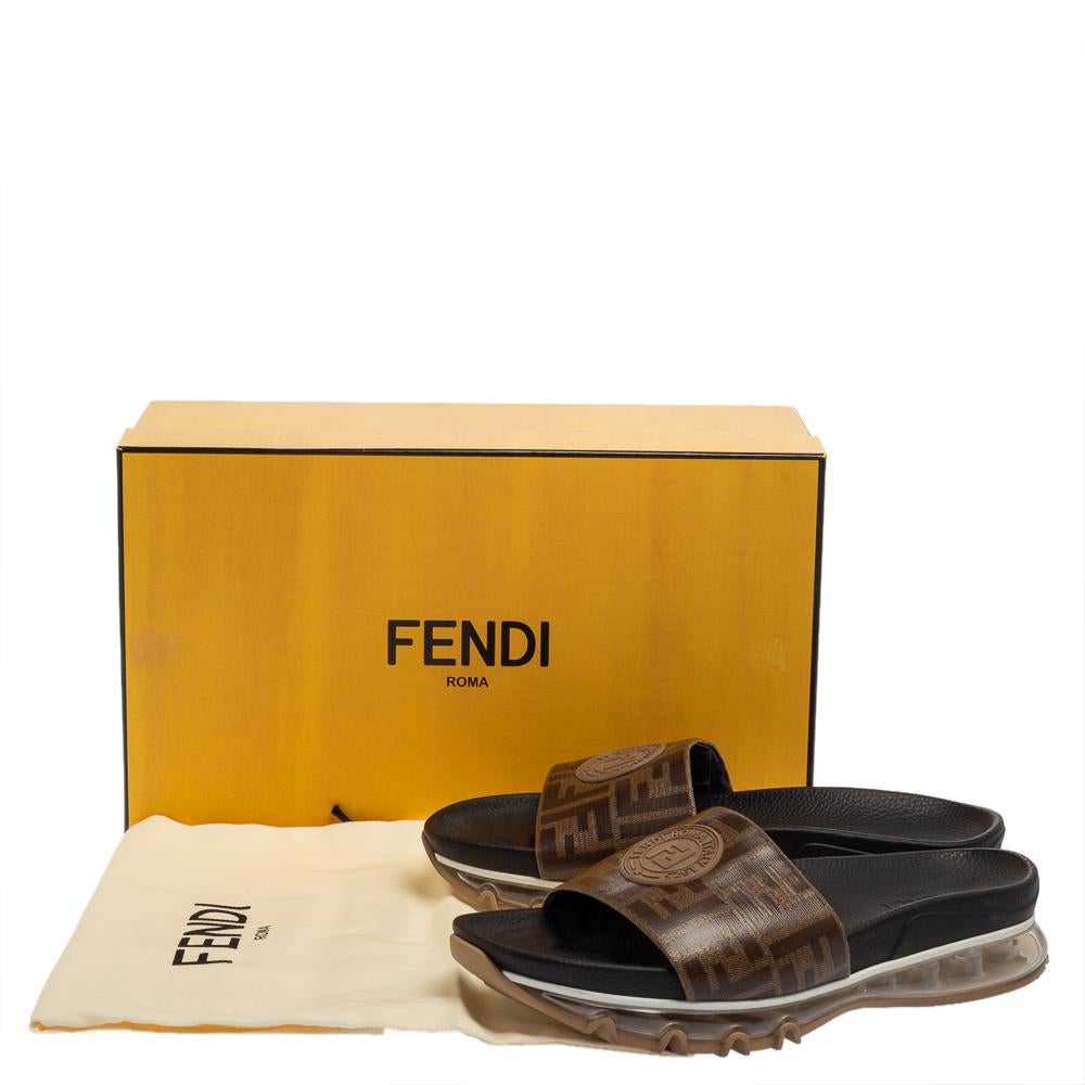 Women's Fendi Brown Zucca Coated Canvas Embellished Flat Slide Sandals Size 43